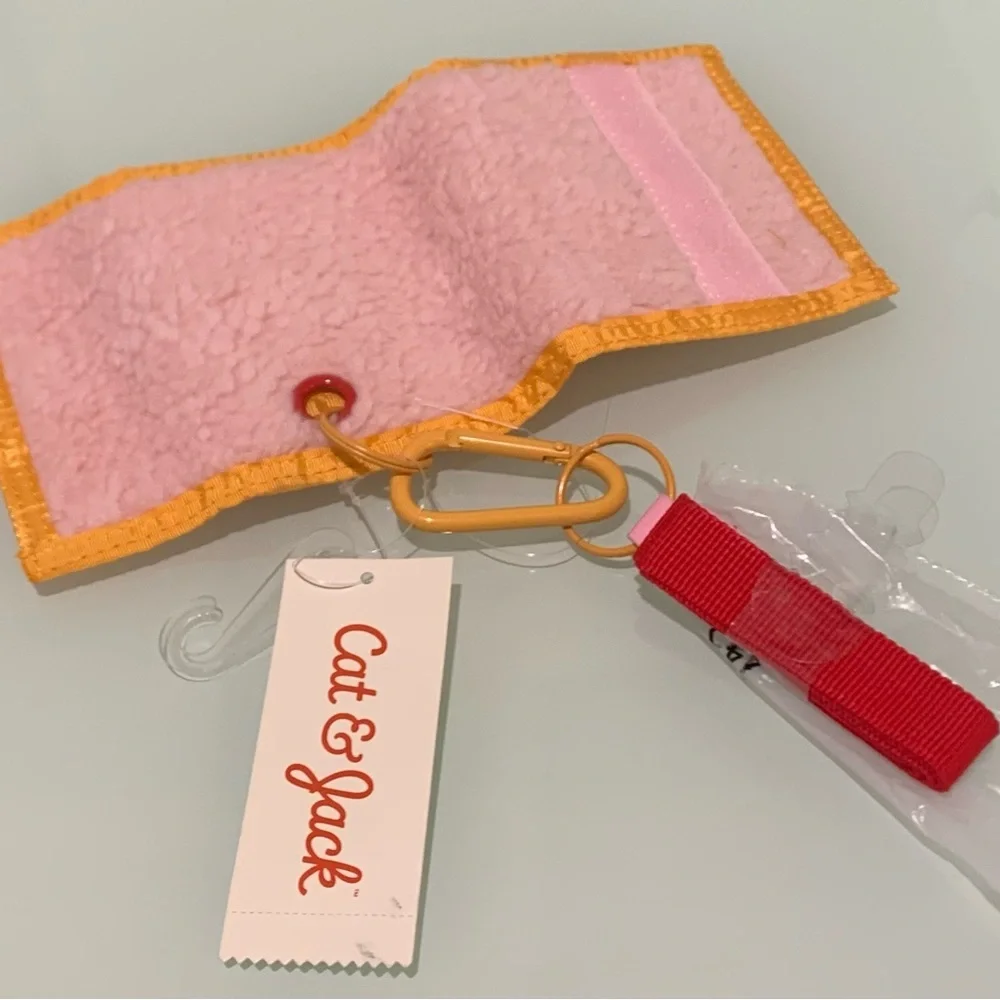 Cat‎ & Jack Girls Lanyard Wallet Pink Fuzzy Soft With Orange Trim Red Lanyard